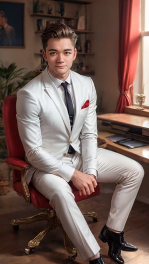 Imagine the following scene:

Realistic photo of a handsome man sitting in an executive chair in a very dark room. He is sitting facing the camera, with his legs open.

The man was wearing a white suit.

The man is from asia, masculine. 25 years old, very light blue eyes, bright and big eyes, full and red lips, blushing, muscular. short and very straight hair, hair falls on both sides with a central line. 

The pose is sensual, sitting, the man is a professional model, he sees the camera sensuously. Full body shot. The shot is wide to capture the details of the scene.

high realism aesthetic photo, RAW photo, 16K, real photo, best quality, high resolution, masterpiece, HD, perfect proportions, perfect hands