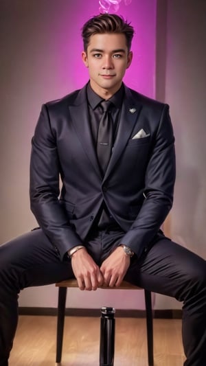 Imagine the following scene:

Realistic photo of a handsome man sitting in an executive chair in a very dark room. He is sitting facing the camera, with his legs open.

The man was wearing a white suit.

The man is from asia, masculine. 25 years old, very light blue eyes, bright and big eyes, full and red lips, blushing, muscular. short and very straight hair, hair falls on both sides with a central line. 

The pose is sensual, sitting, the man is a professional model, he sees the camera sensuously. Full body shot. The shot is wide to capture the details of the scene.

high realism aesthetic photo, RAW photo, 16K, real photo, best quality, high resolution, masterpiece, HD, perfect proportions, perfect hands,allblacksuit
