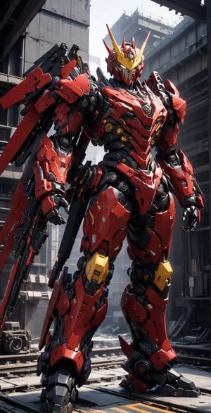 solo, standing, weapon, no humans, robot, red_body,yellow line shape, mecha, science fiction, looking ahead, open hands,extrusionbuilding background
