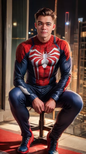 Imagine the following scene:

Realistic photo of a handsome man sitting in an executive chair in a very dark room. He is sitting facing the camera, with his legs open.

The man was wearing a Spiderman Advanced Suit.

The man is from asia, masculine. 25 years old, very light blue eyes, bright and big eyes, full and red lips, blushing, muscular. short and very straight hair, hair falls on both sides with a central line. 

The pose is sensual, sitting, the man is a professional model, he sees the camera sensuously. Full body shot. The shot is wide to capture the details of the scene.

high realism aesthetic photo, RAW photo, 16K, real photo, best quality, high resolution, masterpiece, HD, perfect proportions, perfect hands,allblacksuit,spideyadv2
