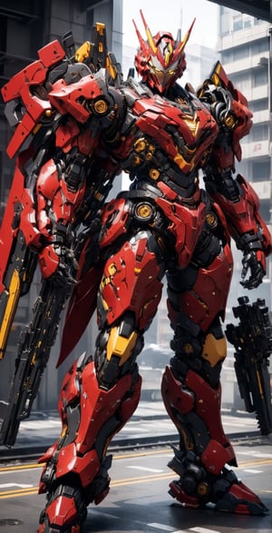 solo, standing, weapon, no humans, robot, red_body,yellow line shape, mecha, science fiction, looking ahead, open hands