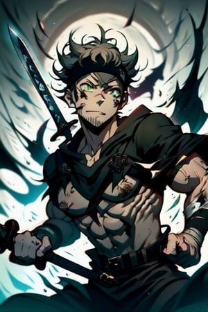 masterpiece, best quality, high quality, 1boy, solo, male focus, looking at viewer, upper body, asta, green eyes, headband, grey hair, spiked hair, with developed muscles, injured, with sword, magic black color, 