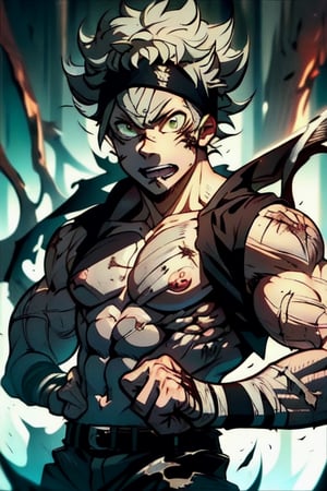 masterpiece, best quality, high quality, 1boy, solo, male focus, looking at viewer, upper body, asta, green eyes, headband, grey hair, spiked hair, with developed muscles, extremely injured,

