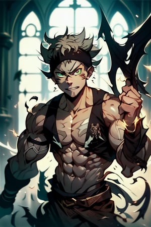 masterpiece, best quality, high quality, 1boy, solo, male focus, looking at viewer, upper body, asta, green eyes, headband, grey hair, spiked hair, with developed muscles, magic powers

