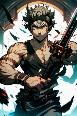 masterpiece, best quality, high quality, 1boy, solo, male focus, looking at viewer, upper body, asta, green eyes, headband, grey hair, spiked hair, with developed muscles, figthing, with sword,