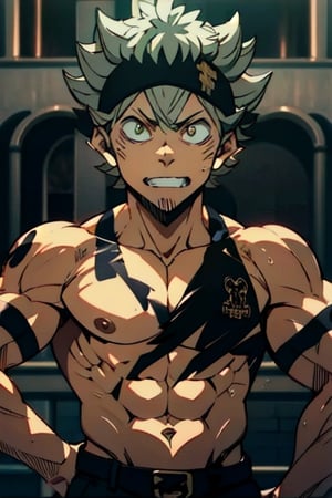 masterpiece, best quality, high quality, 1boy, solo, male focus, looking at viewer, upper body, asta, green eyes, headband, grey hair, spiked hair, with developed muscles, figthing