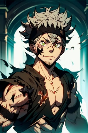 masterpiece, best quality, high quality, 1boy, solo, male focus, looking at viewer, upper body, asta, green eyes, headband, grey hair, spiked hair, with developed muscles, injured,

