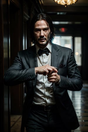 masterpiece, excellent quality, 8k, photo realistic man John Wick with ,pointing a gun,correct hands, correct position, running, shooting, thriller style, aggressive pose, modern black and white Gucci suit, armed gun, photorealistic, highly detailed, blurry photo, intricate, incredibly detailed, super detailed, gangster texture, detailed , crazy, soft lights and shadows,comicstyle