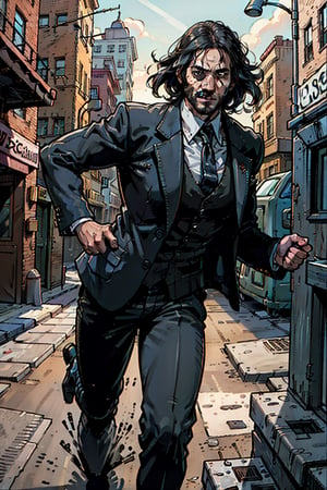 masterpiece, excellent quality, 8k, photo realistic man John Wick with ,pointing a gun,correct hands, correct position, running, shooting, thriller style, aggressive pose, modern black and white Gucci suit, armed gun, photorealistic, highly detailed, blurry photo, intricate, incredibly detailed, super detailed, gangster texture, detailed , crazy, soft lights and shadows,comicstyle