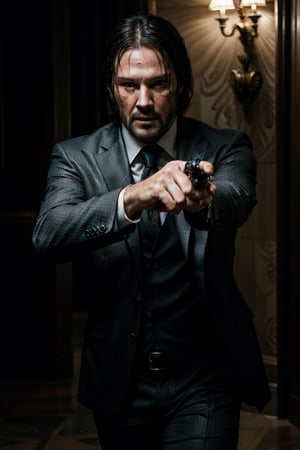 masterpiece, excellent quality, 8k, photo realistic man john wick with ,pointing a gun, running, shooting, thriller style, aggressive pose, modern black and white Gucci suit, armed gun, photorealistic, highly detailed, blurry photo, intricate, incredibly detailed, super detailed, gangster texture, detailed , crazy, soft lights and shadows,comicstyle