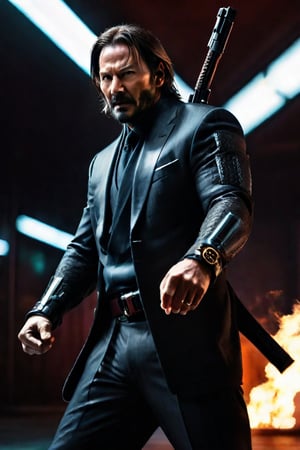 masterpiece, excellent quality, 8k, photo realistic man John Wick with ,pointing a gun,correct hands, correct position, running, shooting, thriller style, aggressive pose, modern black and white Gucci suit, armed gun, photorealistic, highly detailed, blurry photo, intricate, incredibly detailed, super detailed, gangster texture, detailed , crazy, soft lights and shadows,comicstyle,shogun style,warrior