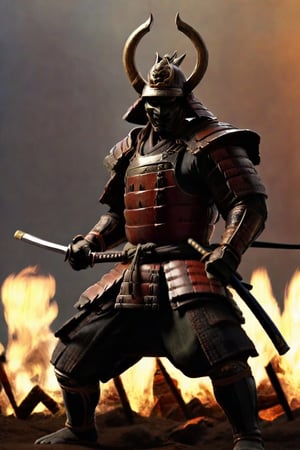 ((samurai with mask)), yoroi, kabuto, samurai in epic attack position masterpiece,best quality,cinematic lighting,soft Light,Epic Japanese jumping, ,athletic body,white skin,holding katana,(samurai helmet:1.1),full body,from front,perfect hands,from a distance,samura