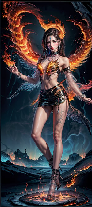 extreme detailed, (masterpiece), (top quality), (best quality), (official art), (beautiful and aesthetic:1.2), (stylish pose), 1girl, (colorful), (ice, fire, fog, transparent, Phenix theme: 1.5), full body, slim body, petite, skinny, looking at viewer, long hair, (wings)