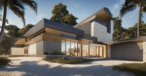 Exterior curved walls style house
Smooth rendered walls,
Photorealistic.
Cinematic lighting.
Beach and tropical forest background,
Ultra details++ , add more details