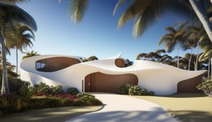 Exterior small ocean liner look with curved walls australian style house
1940's
Smooth white rendered walls
Photorealistic.
Cinematic lighting.
Beach and tropical forest background,
Ultra details++ , add more details