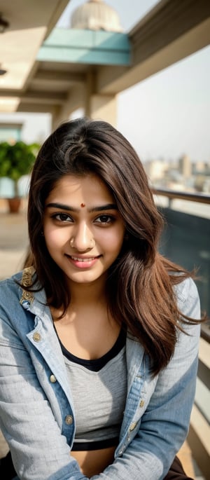 beautiful cute young attractive Indian teenage girl, City girl, 28 years old, cute, international model, long brown_hair, colorful hair, dacing, in city  , terrace, Indian, 1girl,pov,photorealistic, ,Woman, photorealistic,Indian,JeeSoo, instagram model, Actress pose, full_body, smile, 