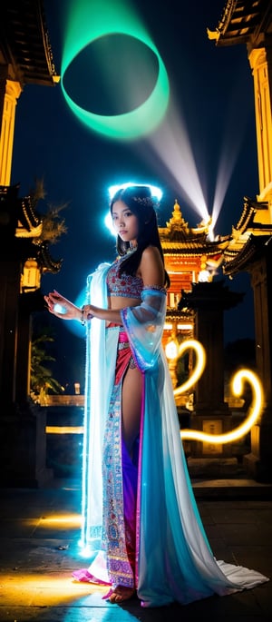 In front of the temple, a girl wearing red oriental art clothing projected a huge light green hologram from her hands, covering and surrounding her with energy and aura. The huge light green hologram is in the shape of a giant tiger, full of fantasy and mysterious elements. Front view. Low angle view. Close the view. Practical. Ray tracing. Full length body. Oriental mystical atmosphere, unreal, mysterious, luminous, surreal, high resolution, sharp details, soft, with a dreamy glow, translucent, 8k resolution, beautiful, stunning, mythical presence that exudes energy , texture, breathtaking beauty, pure perfection, with a divine presence, unforgettable and impressive, detailed, ultra-detailed, Tyndall effect,1gir1,prefect hand,Illustration