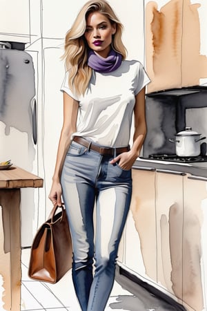 charcoal pencil liner, minimal watercolor, ((full body sketch of a young woman)), ((full body view)), ((full body shot)), standing in a high-tech kitchen, 32-year-old female model, purple lipstick, mullet style golden hair, casual chic, white fitted t-shirt, high-waisted jeans, leather crossbody bag, scarf tied around the neck, white sneakers