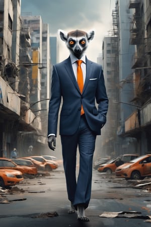 score_9, score_8_up, score_7_up, (full body shot), In the midst of a futuristic cityscape, ((facing the viewer)), walking down a dilapidated avenue, a lemur is standing upright, wearing a navy blue business suit with an orange necktie