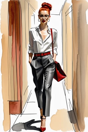 charcoal pencil liner, minimal watercolor, ((full body sketch of a young woman)), ((full body view)), ((full body shot)), walking down a brightly lit hallway, red lipstick, ponytail red hair, tailored ivory silk blouse tucked into high-waisted wide-leg burgundy trousers, pointed-toe metallic gumshoes, thin black leather belt, structured leather tote bag, silver hoop earrings, stylish, black-rimmed eyeglasses