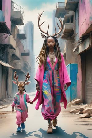 blue pencil lines, lavish watercolor wash, (full body shot), In the midst of a futuristic cityscape, ((facing the viewer)), walking down a dilapidated avenue, a deer in colorful african robes is standing upright beside a a female child with dreadlocks wearing a pink jumpsuit