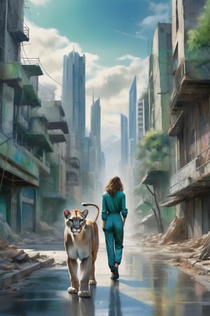 blue pencil lines, lavish watercolor wash, (full body shot), In the midst of a futuristic cityscape, ((facing the viewer)), walking down a dilapidated avenue, a blue mountain lion is standing upright beside a girlfriend, wearing a dark green jumpsuit