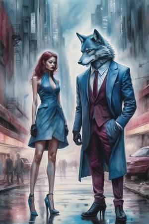 blue pencil lines, lavish watercolor wash, (full body shot), In the midst of a futuristic cityscape, ((facing the viewer)), on dilapidated avenue, a wolf in burgundy business attire is standing upright beside a girlfriend