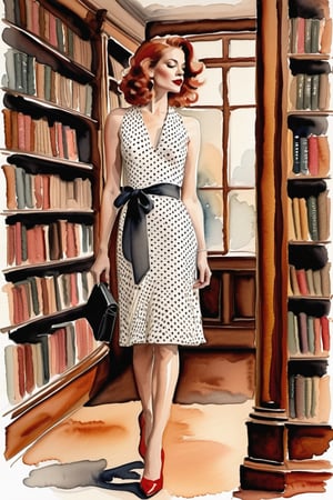 charcoal pencil liner, minimal watercolor, ((full body sketch of a young woman)), ((full body view)), ((full body shot)), standing in a crumbling library, 34-year-old female model, crimson lipstick, shag style caramel hair, vintage inspired, red-and-white polka dot swing dress, string of pearls, white handbag, red kitten heels