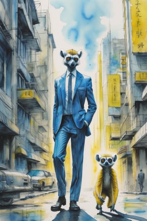 blue pencil lines, lavish watercolor wash, (full body shot), In the midst of a futuristic cityscape, ((facing the viewer)), walking down a dilapidated avenue, a yellow lemur in business attire is standing upright beside a girlfriend, wearing 