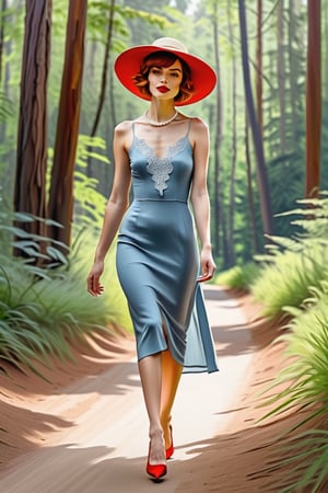 charcoal pencil liner, minimal watercolor, ((full body sketch of a young woman)), ((full body view)), ((full body shot)), walking down a forest trail, 26-year-old female model, red lipstick, pixie cut chestnut hair style, powder blue midi dress with delicate lace detailing, metallic silver ballet flats, pearl necklace, straw sun hat