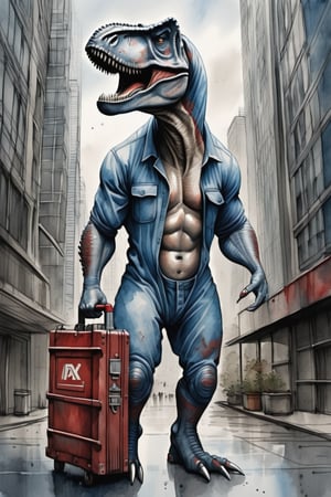 blue pencil lines, lavish watercolor wash, (full body shot), In the midst of a futuristic cityscape, ((facing the viewer)), at a building entrance, a t-rex in a stained gray jumpsuit is carrying a large dark red toolbox