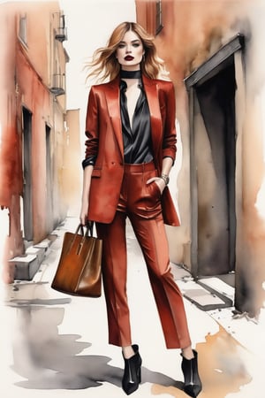 charcoal pencil liner, minimal watercolor, ((full body sketch of a young woman)), ((full body view)), ((full body shot)), standing in a dilapidated alley, black lipstick, curtain bangs, copper hair style, perfectly tailored crimson pantsuit with wide-legged trousers, pointed-toe ankle boots, gold cuff bracelet on the left wrist, leather tote bag