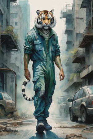 blue pencil lines, lavish watercolor wash, (full body shot), In the midst of a futuristic cityscape, ((facing the viewer)), walking down a dilapidated avenue, a tiger is standing upright, wearing a dark green jumpsuit
