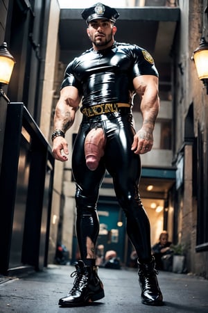 (((1Man))), 35-year-old muscular, stunningly handsome man in police officer lycra police uniform. (((police officer latex uniform))), large, defined, solid, muscular, bulbous buttocks. (((massive bulge))), (((gigantic testicles))), body standing to the side, hands relaxed. the large bulge in his groin, concealing his huge, thick, erect penis and large testicles. mouth open slightly, a look of strong confidence on his face. professional, glistening in thick oil. outdoor on crowded city street, photography, posing with style, ,bulge,Stylish,huge cock,Man,Portrait,anime,hugest man ever,Police,Movie Still,wetclothes,erection,bulgeJ8,flaccid