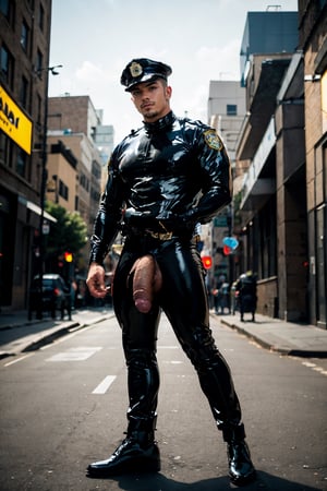 (((1Man))), 35-year-old muscular, stunningly handsome man in police officer lycra police uniform. (((police officer latex uniform))), large, defined, solid, muscular, bulbous buttocks. (((massive bulge))), (((gigantic testicles))), body standing to the side, hands relaxed. the large bulge in his groin, concealing his huge, thick, erect penis and large testicles. mouth open slightly, a look of strong confidence on his face. professional, glistening in thick oil. outdoor on crowded city street, photography, posing with style, ,bulge,Stylish,huge cock,Man,Portrait,anime,hugest man ever,Police,Movie Still,wetclothes,erection,bulgeJ8,flaccid