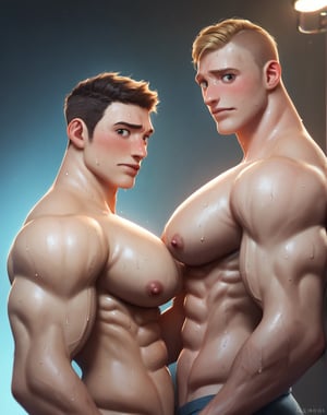  2boys, side view, pectoral docking, touching pectorals, backlighting, backlit, topless male, embarrassed, large pectorals, looking at you, sweat, (big pecs:1.1) BREAK score_9, score_8_up, score_7_up, score_6_up, score_5_up, score_4_up, albron