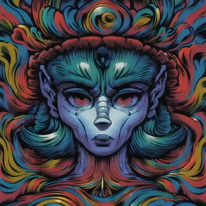 ,psychedelic,DonMM3l4nch0l1cP5ych0, demonio de ojos psycodelicos con forma de espiral mirando frascos de pastillas, fondo de pastillas y cigarrillos ,Manga