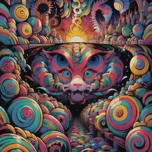 ,psychedelic,DonMM3l4nch0l1cP5ych0, demonio de ojos psycodelicos con forma de espiral mirando frascos de pastillas, fondo de pastillas y cigarrillos 