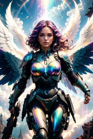 (Archangel Gabriela), (armed with a realistic heavy machinegun:1.2), descending from the skies, 8k, concept art by Greg Rutkowski, Artgerm, WLOP, Alphonse Mucha, dynamic lighting, hyperdetailed, intricately detailed Splash art, triadic colors, Unreal Engine 5, volumetric lighting Canaletto photorealism movie poster, stunning, something that even doesn't exist, mythical being, energised, molecular textures, iridescent and luminescent scales, breathtaking beauty, pure perfection, divine presence, unforgettable, impressive, Volumetric light, auras, rays, vivid colors, reflects. , 