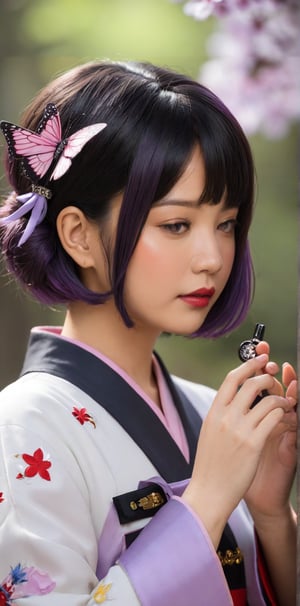1girl, solo, short hair, black hair, hair ornament, closed eyes, purple hair, multicolored hair, parted lips, japanese clothes, hand up, nail polish, blurry, from side, lips, petals, eyelashes, profile, bug, butterfly, butterfly hair ornament, haori, demon slayer uniform, butterfly on hand, kochou shinobu,ULTIMATE LOGO MAKER [XL],BugCraft,photo_b00ster