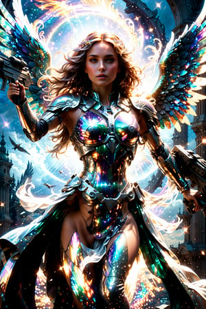(Archangel Gabriela), (armed with a realistic heavy machinegun:1.2), descending from the skies, 8k, concept art by Greg Rutkowski, Artgerm, WLOP, Alphonse Mucha, dynamic lighting, hyperdetailed, intricately detailed Splash art, triadic colors, Unreal Engine 5, volumetric lighting Canaletto photorealism movie poster, stunning, something that even doesn't exist, mythical being, energised, molecular textures, iridescent and luminescent scales, breathtaking beauty, pure perfection, divine presence, unforgettable, impressive, Volumetric light, auras, rays, vivid colors, reflects. ,better photography,girl,photo r3al,glitter