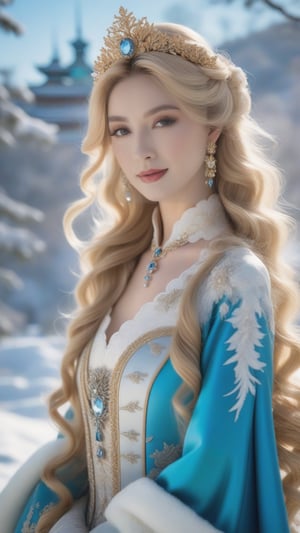 best quality, masterpiece,	smiling
Amidst the winter wonderland of Japen, a beautiful girl with very long wavy blonde hair stands out against the snow-covered landscape, embodying the elegance of Rococo style. Her attire, a harmonious blend of the latest fashion trends and traditional Russian elements, dazzles with ornate jewelry that sparkles like the icy terrain around her. This enchanting scene, set against the backdrop of a quintessential Japen setting, showcases her as a modern-day princess, bridging the gap between the opulence of the past and the chic style of the present.
ultra realistic illustration, siena natural ratio, ultra hd, realistic, vivid colors, highly detailed, UHD drawing, perfect composition, ultra hd, 8k, he has an inner glow, stunning, something that even doesn't exist, mythical being, energy, molecular, textures, iridescent and luminescent scales, breathtaking beauty, pure perfection, divine presence, unforgettable, impressive, breathtaking beauty, Volumetric light, auras, rays, vivid colors reflects.,science fiction,photo r3al,Ye11owst0ne,DonMM1y4XL,Masterpiece,koh_yunjung,xxmix_girl,Extremely Realistic,Mecha,1 girl