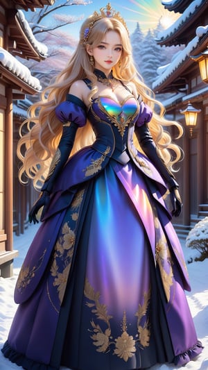 best quality, masterpiece,	smiling
Amidst the winter wonderland of Japen, a beautiful girl with very long wavy blonde hair stands out against the snow-covered landscape, embodying the elegance of Rococo style. Her attire, a harmonious blend of the latest fashion trends and traditional Russian elements, dazzles with ornate jewelry that sparkles like the icy terrain around her. This enchanting scene, set against the backdrop of a quintessential Japen setting, showcases her as a modern-day princess, bridging the gap between the opulence of the past and the chic style of the present.
ultra realistic illustration, siena natural ratio, ultra hd, realistic, vivid colors, highly detailed, UHD drawing, perfect composition, ultra hd, 8k, he has an inner glow, stunning, something that even doesn't exist, mythical being, energy, molecular, textures, iridescent and luminescent scales, breathtaking beauty, pure perfection, divine presence, unforgettable, impressive, breathtaking beauty, Volumetric light, auras, rays, vivid colors reflects.,science fiction,photo r3al,Ye11owst0ne,DonMM1y4XL,Masterpiece,koh_yunjung,xxmix_girl,Extremely Realistic,Mecha