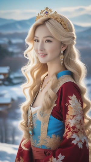 best quality, masterpiece,	smiling
Amidst the winter wonderland of Japen, a beautiful girl with very long wavy blonde hair stands out against the snow-covered landscape, embodying the elegance of Rococo style. Her attire, a harmonious blend of the latest fashion trends and traditional Russian elements, dazzles with ornate jewelry that sparkles like the icy terrain around her. This enchanting scene, set against the backdrop of a quintessential Japen setting, showcases her as a modern-day princess, bridging the gap between the opulence of the past and the chic style of the present.
ultra realistic illustration, siena natural ratio, ultra hd, realistic, vivid colors, highly detailed, UHD drawing, perfect composition, ultra hd, 8k, he has an inner glow, stunning, something that even doesn't exist, mythical being, energy, molecular, textures, iridescent and luminescent scales, breathtaking beauty, pure perfection, divine presence, unforgettable, impressive, breathtaking beauty, Volumetric light, auras, rays, vivid colors reflects.,science fiction,photo r3al,Ye11owst0ne,DonMM1y4XL,Masterpiece,koh_yunjung,xxmix_girl,Extremely Realistic,Mecha,1 girl