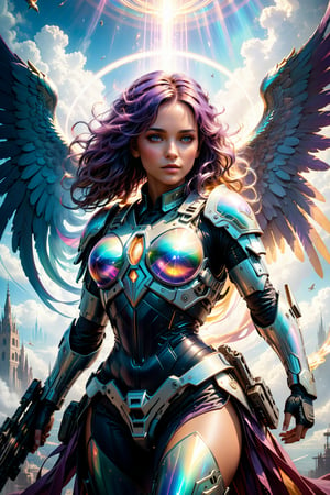 (Archangel Gabriela), (armed with a realistic heavy machinegun:1.2), descending from the skies, 8k, concept art by Greg Rutkowski, Artgerm, WLOP, Alphonse Mucha, dynamic lighting, hyperdetailed, intricately detailed Splash art, triadic colors, Unreal Engine 5, volumetric lighting Canaletto photorealism movie poster, stunning, something that even doesn't exist, mythical being, energised, molecular textures, iridescent and luminescent scales, breathtaking beauty, pure perfection, divine presence, unforgettable, impressive, Volumetric light, auras, rays, vivid colors, reflects. , 