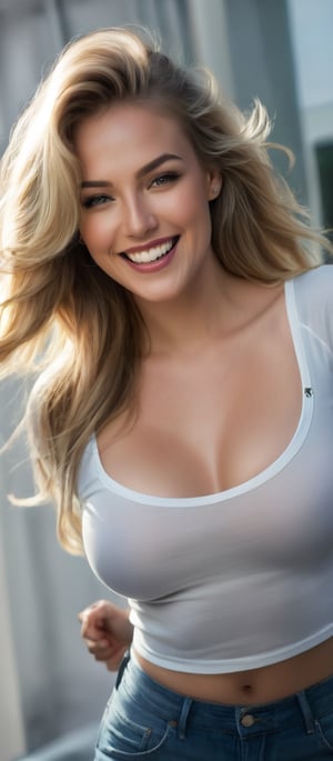 Generate hyper realistic image of a radiant woman with long, flowing blonde hair beams with infectious joy, her white teeth gleaming in an open smile. Dressed in a stylish crop top with long sleeves, she accentuates her curvy figure, drawing attention to her navel. As she looks directly at the viewer, her grin lights up the room, exuding warmth and happiness.,vomiting cum