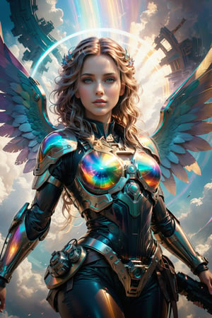(Archangel Gabriela), (armed with a realistic heavy machinegun:1.2), descending from the skies, 8k, concept art by Greg Rutkowski, Artgerm, WLOP, Alphonse Mucha, dynamic lighting, hyperdetailed, intricately detailed Splash art, triadic colors, Unreal Engine 5, volumetric lighting Canaletto photorealism movie poster, stunning, something that even doesn't exist, mythical being, energised, molecular textures, iridescent and luminescent scales, breathtaking beauty, pure perfection, divine presence, unforgettable, impressive, Volumetric light, auras, rays, vivid colors, reflects. ,