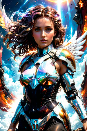 (Archangel Gabriela), (armed with a realistic heavy machinegun:1.2), descending from the skies, 8k, concept art by Greg Rutkowski, Artgerm, WLOP, Alphonse Mucha, dynamic lighting, hyperdetailed, intricately detailed Splash art, triadic colors, Unreal Engine 5, volumetric lighting Canaletto photorealism movie poster, stunning, something that even doesn't exist, mythical being, energised, molecular textures, iridescent and luminescent scales, breathtaking beauty, pure perfection, divine presence, unforgettable, impressive, Volumetric light, auras, rays, vivid colors, reflects. ,better photography,girl,photo r3al