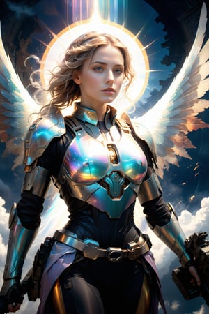 (Archangel Gabriela), (armed with a realistic heavy machinegun:1.2), descending from the skies, 8k, concept art by Greg Rutkowski, Artgerm, WLOP, Alphonse Mucha, dynamic lighting, hyperdetailed, intricately detailed Splash art, triadic colors, Unreal Engine 5, volumetric lighting Canaletto photorealism movie poster, stunning, something that even doesn't exist, mythical being, energised, molecular textures, iridescent and luminescent scales, breathtaking beauty, pure perfection, divine presence, unforgettable, impressive, Volumetric light, auras, rays, vivid colors, reflects. ,better photography