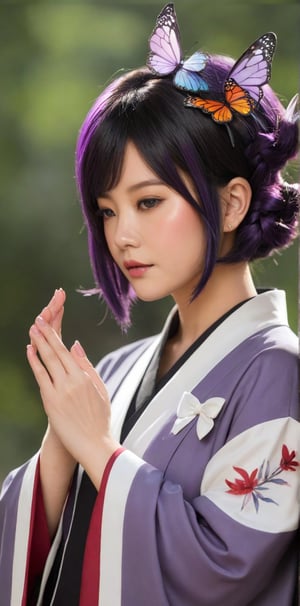 1girl, solo, short hair, black hair, hair ornament, closed eyes, purple hair, multicolored hair, parted lips, japanese clothes, hand up, nail polish, blurry, from side, lips, petals, eyelashes, profile, bug, butterfly, butterfly hair ornament, haori, demon slayer uniform, butterfly on hand, kochou shinobu,ULTIMATE LOGO MAKER [XL],BugCraft,photo_b00ster